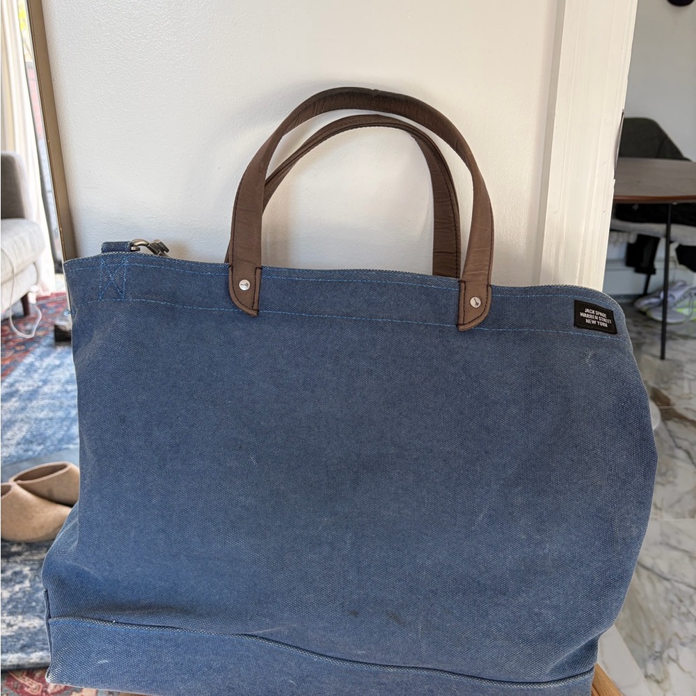 Jack Spade Blue Canvas Tote Bag with Brown Handles